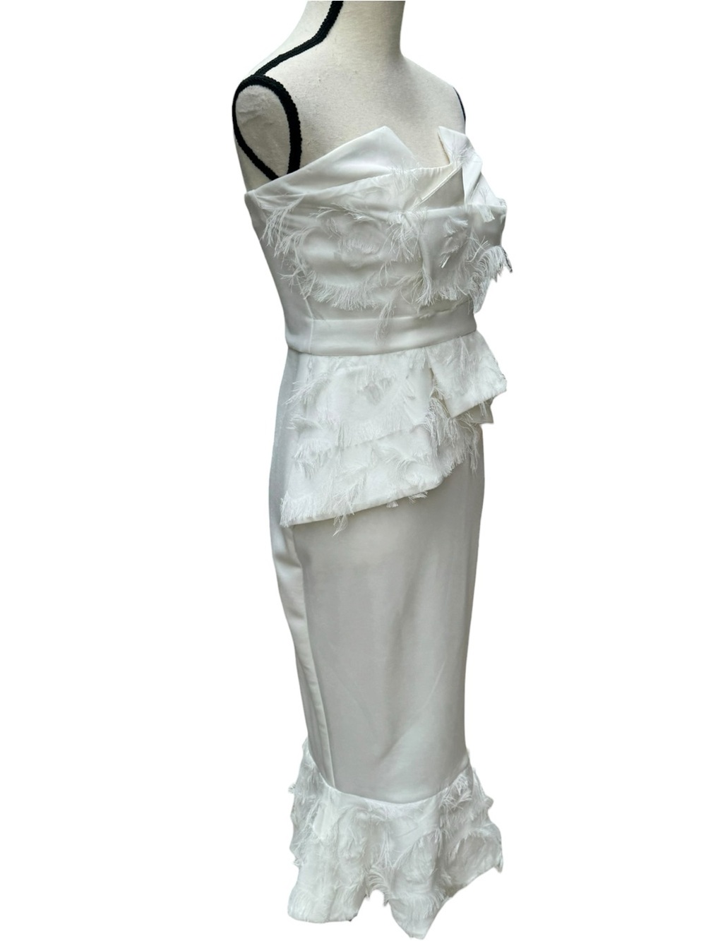White Strapless Feather Fringe Midi Dress Bridal Shower Bachelorette US 4 - Picture 5 of 7